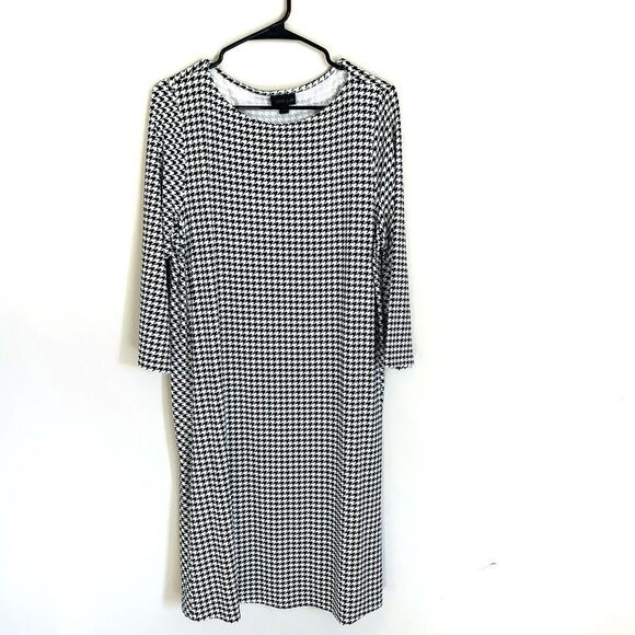 J Jill Dress Wearever Collection Sz L Shift Houndstooth Stretchy 3/4 Sleeve Midi - Picture 1 of 7